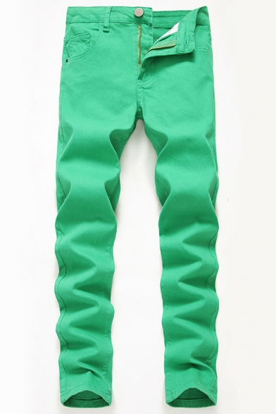 New Arrival Plain Green Zip Closure Straight Jeans Leisure Denim Pants