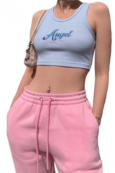 Pink Casual Drawstring Waist Letter Printed Sequined Cuffed Ankle Carrot Sweatpants for Women