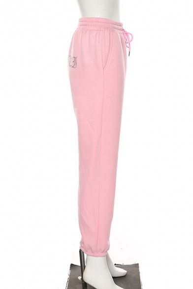 Pink Casual Drawstring Waist Letter Printed Sequined Cuffed Ankle Carrot Sweatpants for Women