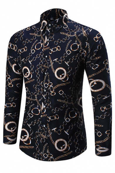 Popular Chain Printed Long Sleeve Turndown Collar Black Classic Shirt for Men