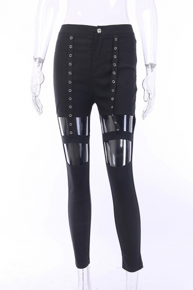Punk Goth Street Girls' Mid Rise Hollow Out Button Embellished Ankle Length Skinny Pants in Black