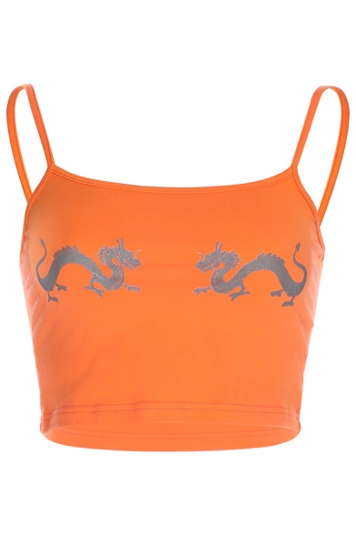 Sexy Girls' Orange Sleeveless Dragon Patterned Reflective Cotton Fitted Crop Cami