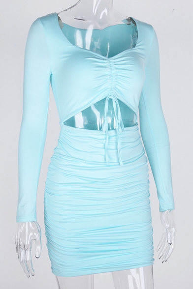 Sexy Plain Sweetheart Neck Ruched Drawstring Detail Cutout Long Sleeve Mini Bandage Dress for Club