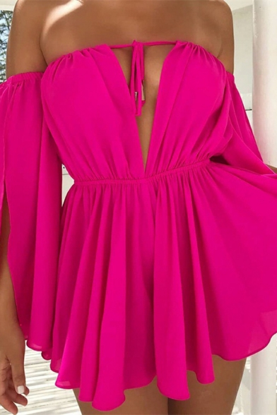 Sexy Tied Front Off Shoulder Slit Bell Sleeve Gathered Waist Solid Color Mini Dress for Nightclub