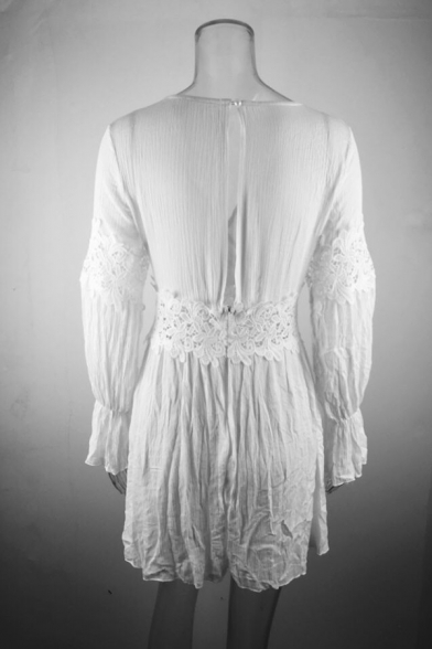 Simply Sexy Ladies' Long Sleeve Surplice Neck Ruffled Trim Lace Patched Hollow Back Pleated Short A-Line Dress in White