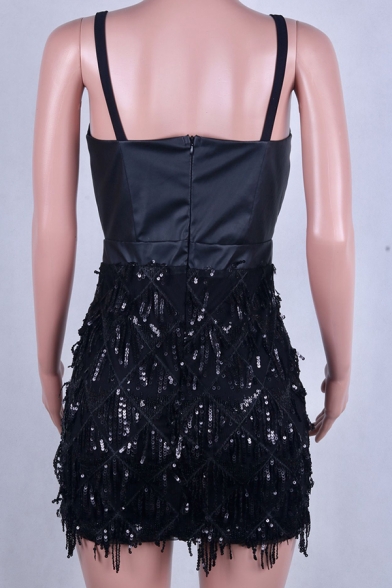 Summer Chic Ladies' Sleeveless Sequined Macrame Embellished Patched Plain Leather Mini Tight A-Line Cami Dress for Party