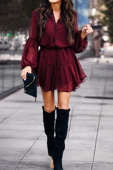 Trendy Ladies' Blouson Sleeve V-Neck Button Down Bow Tied Pleated A-Line Short Shirt Dress
