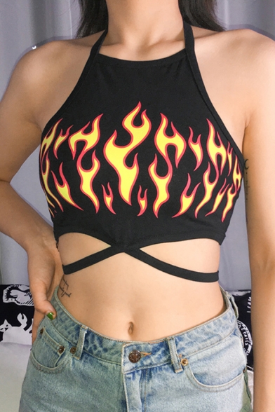 Unique Cool Female Sleeveless Halter Flame Patterned Open Back Hollow Crop Tank Top for Club