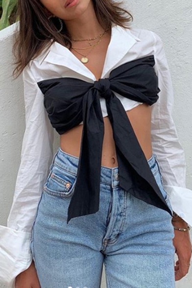 Unique Women's Long Sleeve Deep V-Neck Bow-Tie Patched Fitted Crop Blouse in White