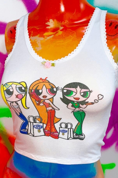 White Cotton Hot Sleeveless Cartoon Girls Print Lace Trim Fitted Crop Tank Top for Women