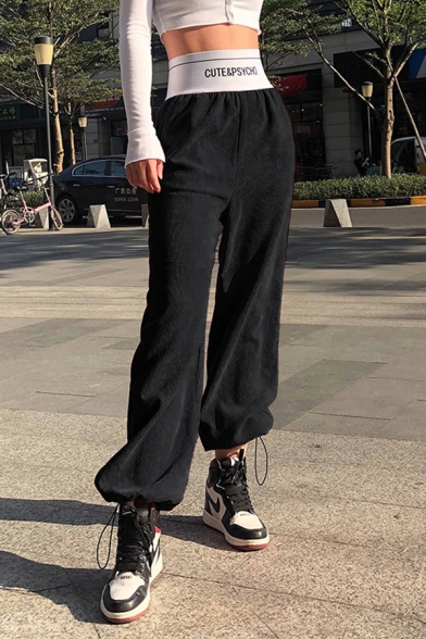 Women's Casual Plain Elastic Waist Letter CUTE&PSYCHO Patched Corduroy Cuffed Drawstring Long Oversize Trousers
