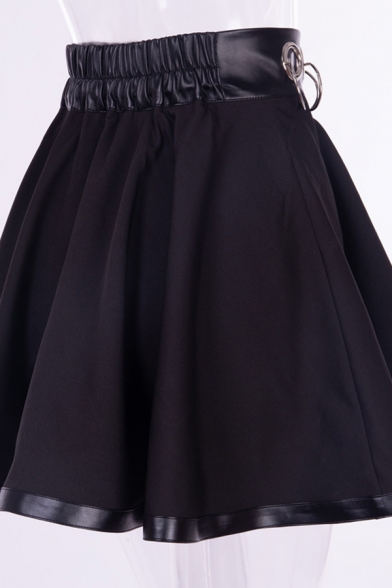 Women's Gothic Dark High Waisted Eyelet O-Ring Hollow Embellished Zip Front Pleated Flared A-Line Short Skirt in Black
