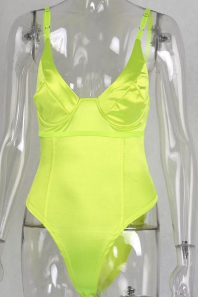 Women's Sexy Tank Top Deep V-Neck Inside-Out Slim Fit Bodysuit in Neon Yellow