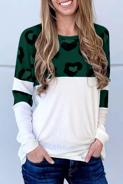 Womens Casual Leopard Panel Round Neck Long Sleeves Loose Fit T-Shirt Top