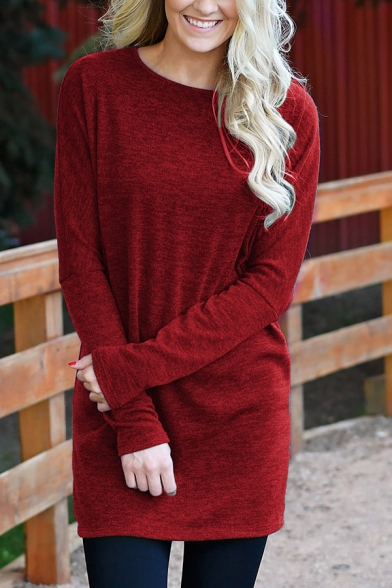 Womens Casual Solid Color Long Sleeve Round Neck Longline Knitted T-Shirt Top