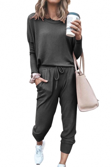 Womens Casual Solid Color Long Sleeve Top & Drawstring Waist Pants Loose Sports Set