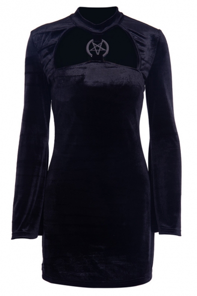 Womens Chic Plain Black Five-Pointed Star Embellished Flared Long Sleeve Mini Velvet Edgy Dress