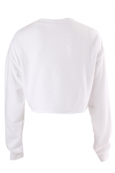Womens Cute Letter NICKELODEON STUDIOS Printed Long Sleeve White Crop Graphic Sweatshirt Top