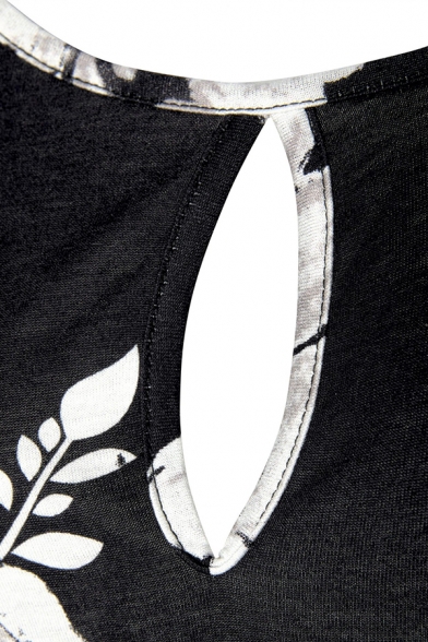 Womens Elegant Flower Printed Keyhole Detail Ruffled Long Sleeve Black Leisure T-Shirt