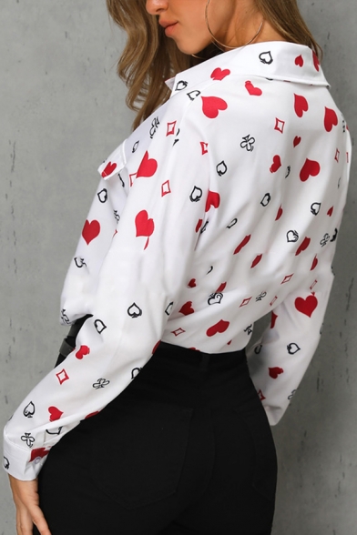 Womens Leisure Heart Diamond Club Printed Long Sleeve Button Up White Shirt with Flap Pocket