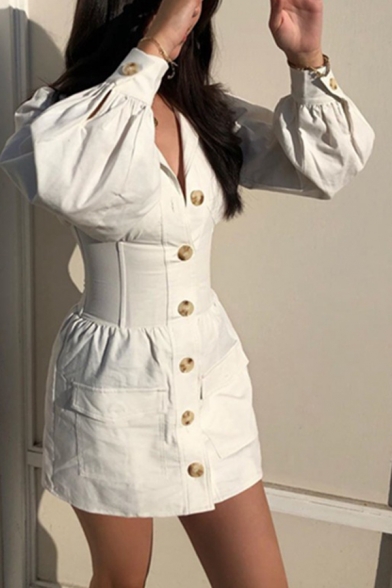 Womens Leisure Plain White Long Sleeve Gathered Waist Button Down Mini Shirt Dress with Pocket