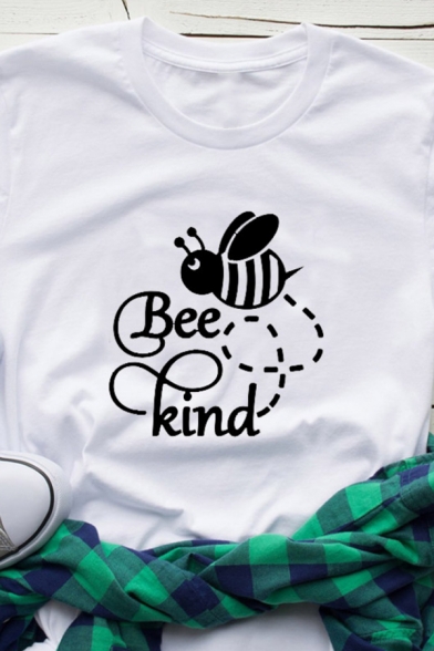 Womens Letter BEE KIND Printed Short Sleeve Casual Graphic T-Shirt