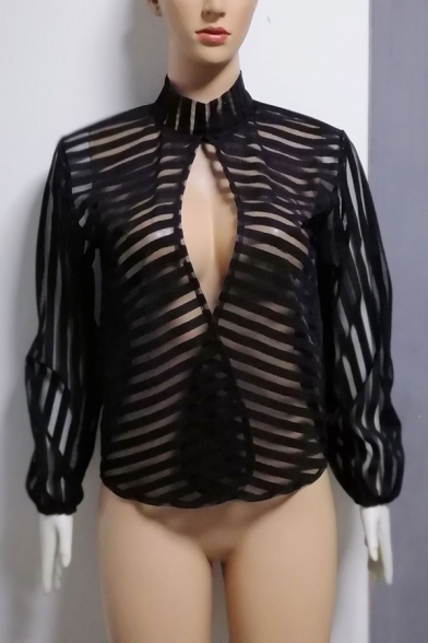 Womens New Trendy Black Striped Hollow Out Front Stand Collar Sheer Mesh Shirt