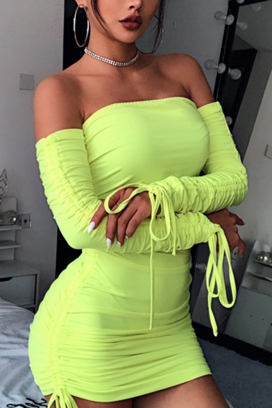 Womens Plain Off the Shoulder Long Sleeve Classic Side Drawstring Design Ruched Bodycon Mini Dress