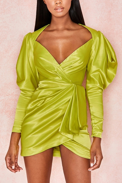 Womens Sexy Fluorescent Green Plain Puff Long Sleeve V-Neck Ruched Slim Fitted Mini Surplice Wrap Dress