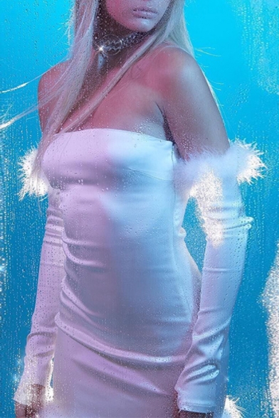 Womens Sexy Plain Metallic White Plush Trim Off the Shoulder Zipper Back Mini Party Dress
