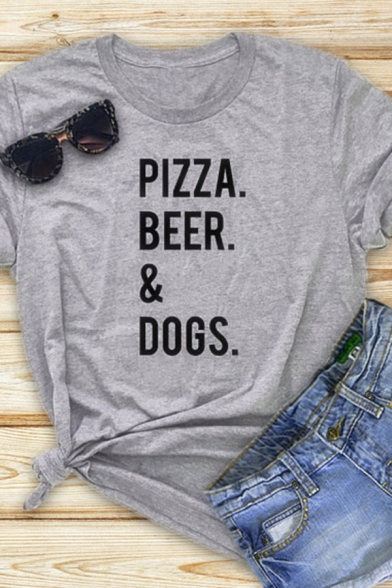 Womens Summer Chic Letter PIZZA BEER & DOGS Printed Rolled Short Sleeve Gray T-Shirt