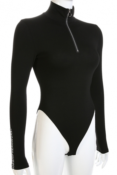 Basic Cool Women's Long Sleeve High Neck Half Zip HEROWORSHIP Letter High Cut Slim Bodysuit in Black