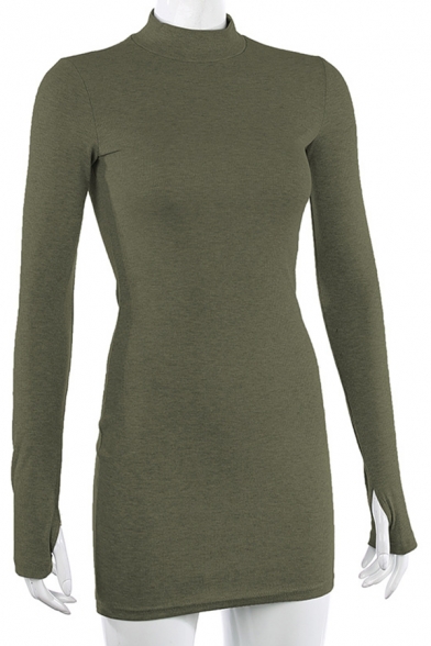 Basic Plain Glove Sleeve Mock Neck Knit Mini Tight Tee Shirt for Ladies