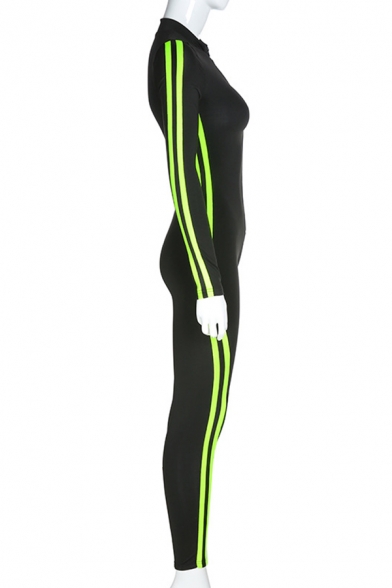 Black Long Sleeve Deep V-Neck Contrast Stitch Skinny Long Jumpsuit for Gym Girls