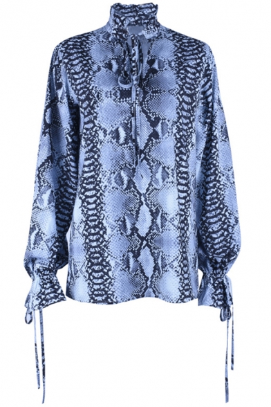 Blouson Frill Tie Sleeve V-Neck Blue Patterned Loose Blouse Top for Edgy Girls