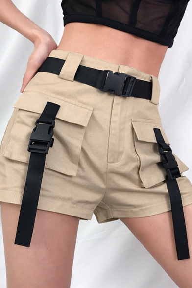 Casual Plain Mid Rise Belted Buckle Detailed Flap Pockets Slim Fit Straight Cargo Shorts for Women