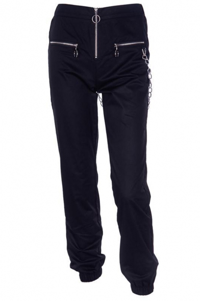 Casual Street Girls' Mid Rise Zipper Chain Embellished Cuffed Long Relaxed Fit Pants in Black
