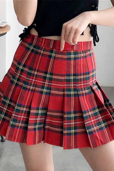 Classic Red High Waist Plaid Print Button Side Double Layer Pleated ...