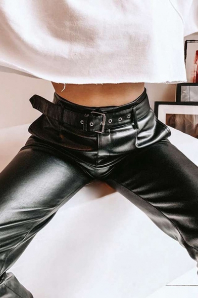 Cool Fancy Black Mid Rise Belted Ankle Length Leather Fitted Straight Pants for Women