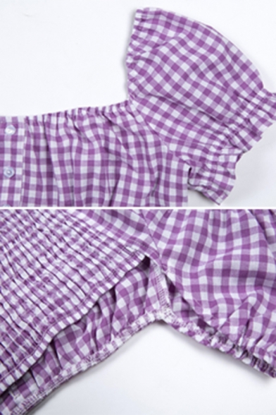 Cute Girls' Puff Sleeve Square Neck Plaid Pattern Button Down Ruched Back Stringy Selvedge Slim Crop T Shirt
