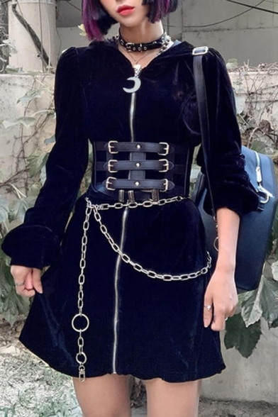 Edgy Girls Black Velvet Long Sleeve Moon Pendant Zip Up Mini A-Line Dress with Pompom Hood