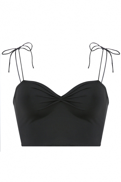 Edgy Women's Sleeveless Bow-Tied Strap Ruched Plain Slim Fit Crop Cami Top for Nightclub