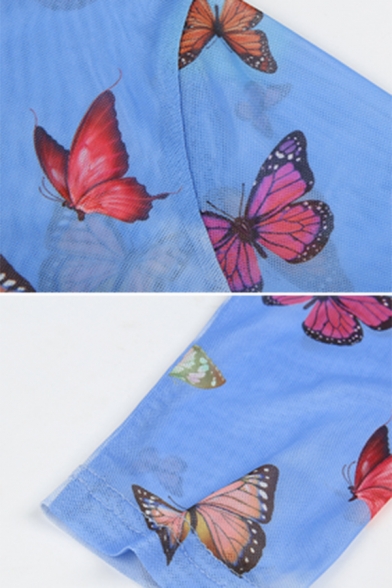 Fancy Women's Long Sleeve Mock Neck Butterfly Print Slim Fit Crop T-Shirt in Blue