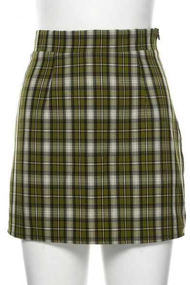 Fashion Girls' High Waist Plaid Pattern Zip Side Short A-Line Skirt in Green