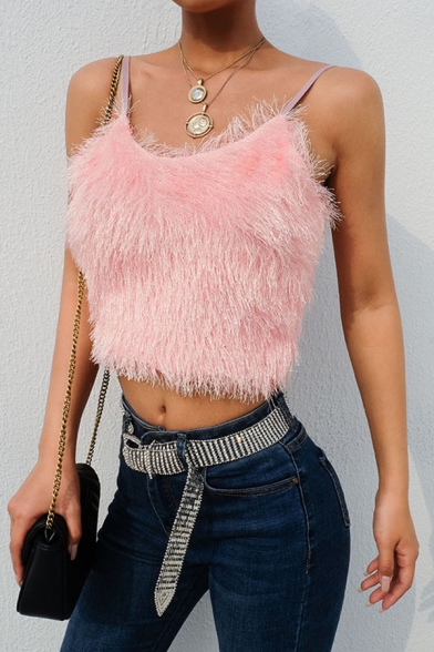 Fashion Girls Sleeveless Fluffy Slim Fit Pink Crop Cami for Nightclub