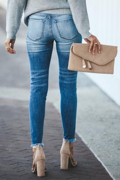 Fashion Ladies' Dark Blue Mid Rise Bleach Frayed Cuffs Stretchy Skinny Jeans