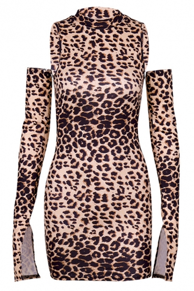 Female Popular Cold Shoulder Split Long Sleeve Brown Leopard Printed Mini Fitted Party Dress