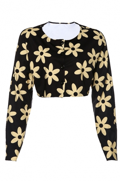 Flared Cool Women's Long Sleeve V-Neck Floral Print Button Down Crop Top in Black