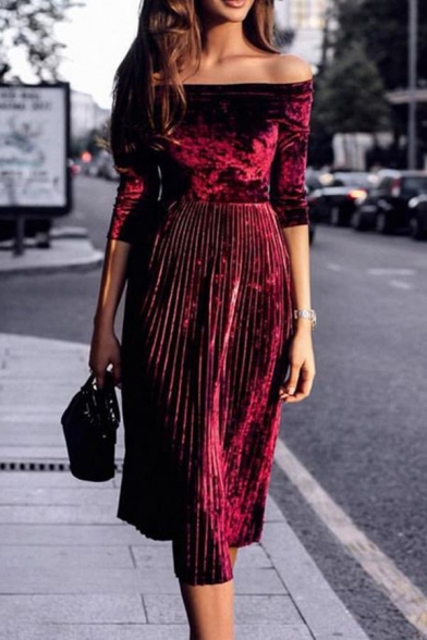 Formal Dressy Long Sleeve Off The Shoulder Velvet Plain Pleated Midi A-Line Dress for Ladies