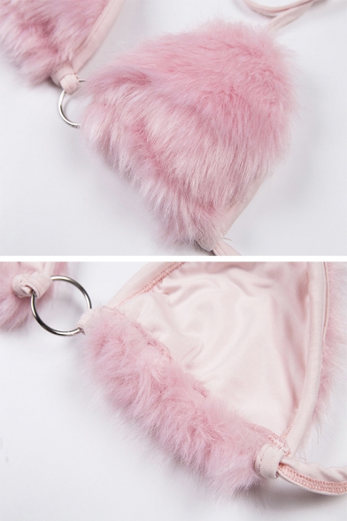 Girls' Pink Cute Sleeveless Halter Strappy Ring-Embellished Plush Bikini Top